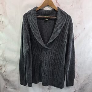 Vintage Eddie Bauer Sweater Womens 2X 2XL Gray Cable Knit V Shawl Collar Cotton